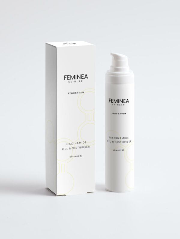 Feminea Niacinamide Gel Moisturiser, Bottle, Box